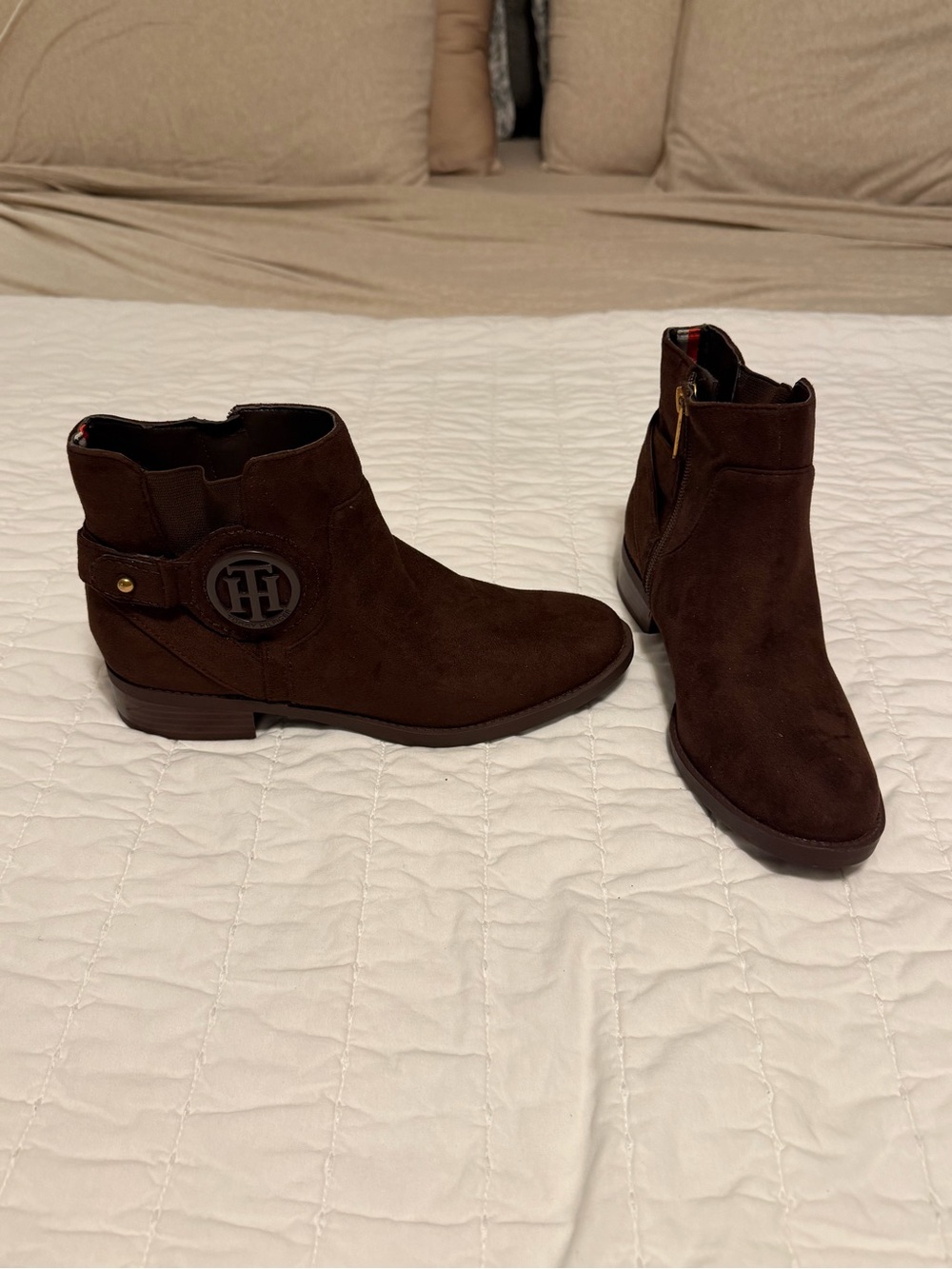 Tommy Hilfiger Dark Brown Suede Ankle Booties with Logo Accent